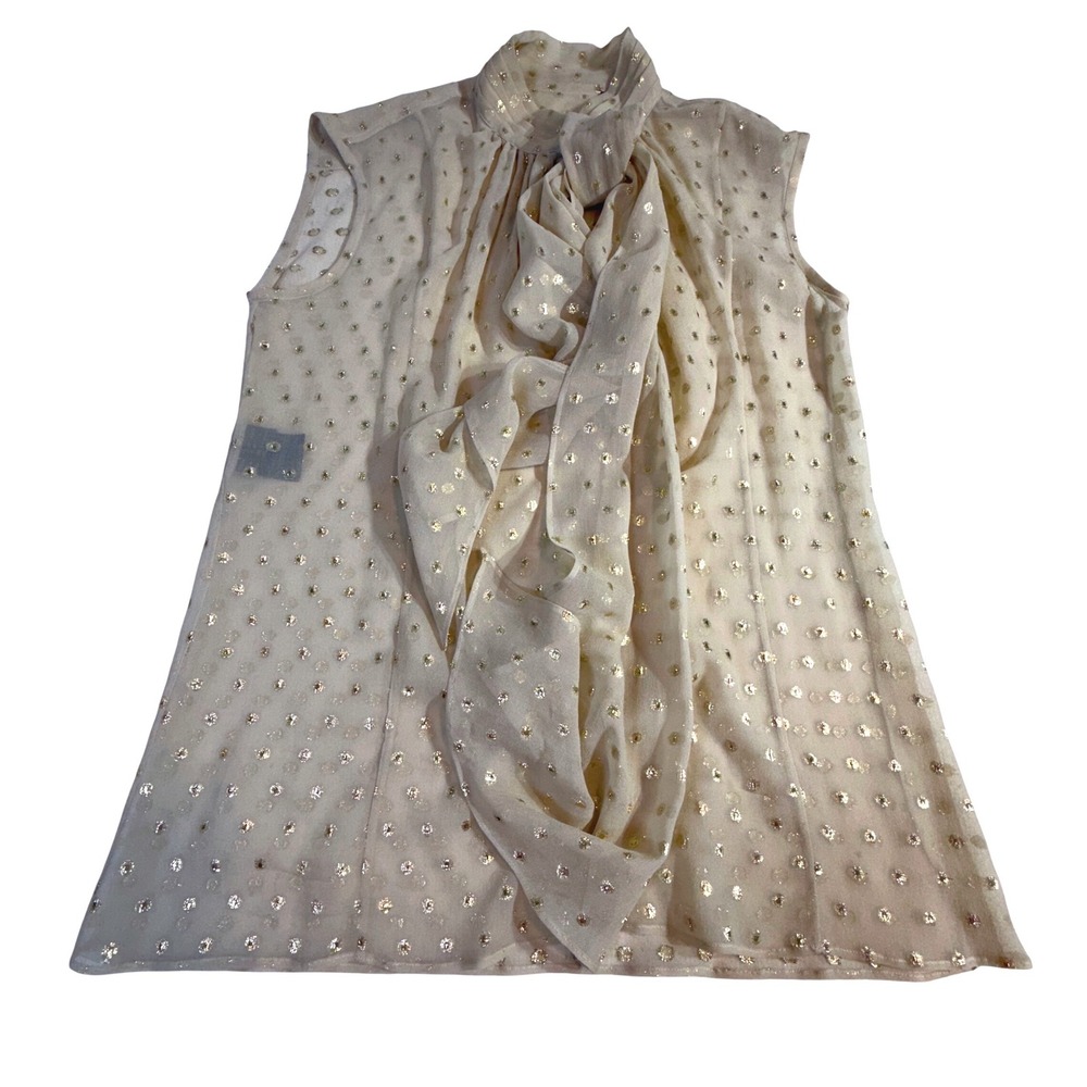 Derek Lam Silk Blouse – 4 Cream Gold Metallic Polka Dot Tie Neck Sleeveless